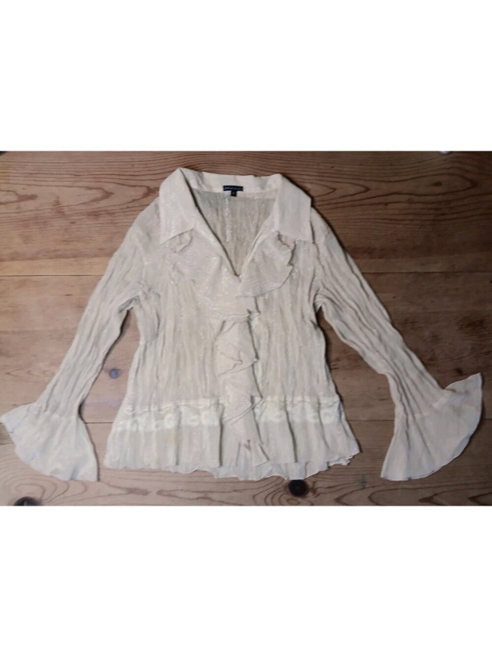 Vtg Piano Womens L Blouse Ruffle Beige Sheer Metallic Lace Flare Sleeve Y2K